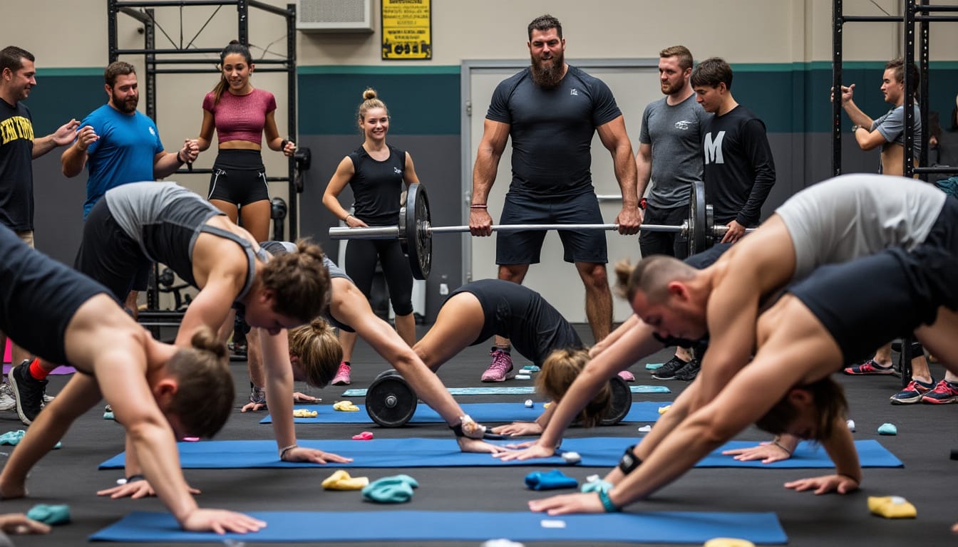 Athletes faisant des pompes et etirements supervises par un coach avec barre