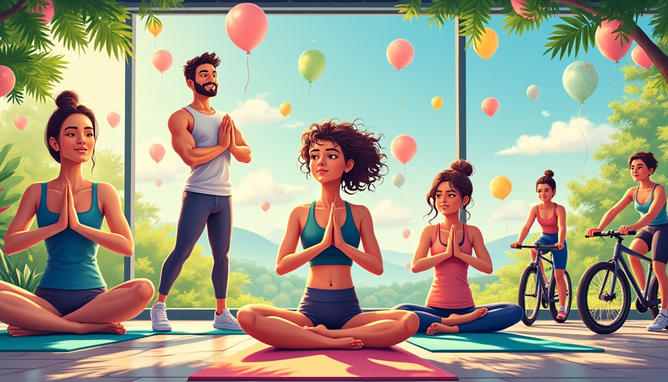 Illustration de personnages faisant du yoga avec ballons colores en arriere-plan