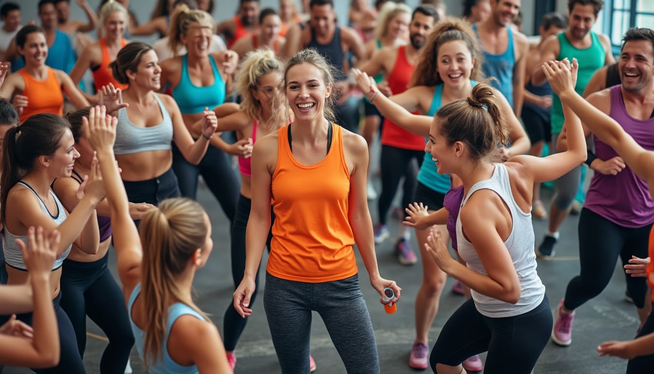 Grand groupe joyeux participant a un cours de danse fitness en salle