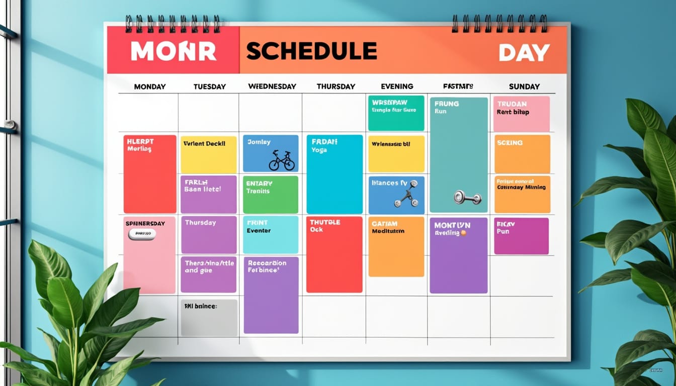 Planning hebdomadaire colore d'activites sportives affiche sur un mur bleu