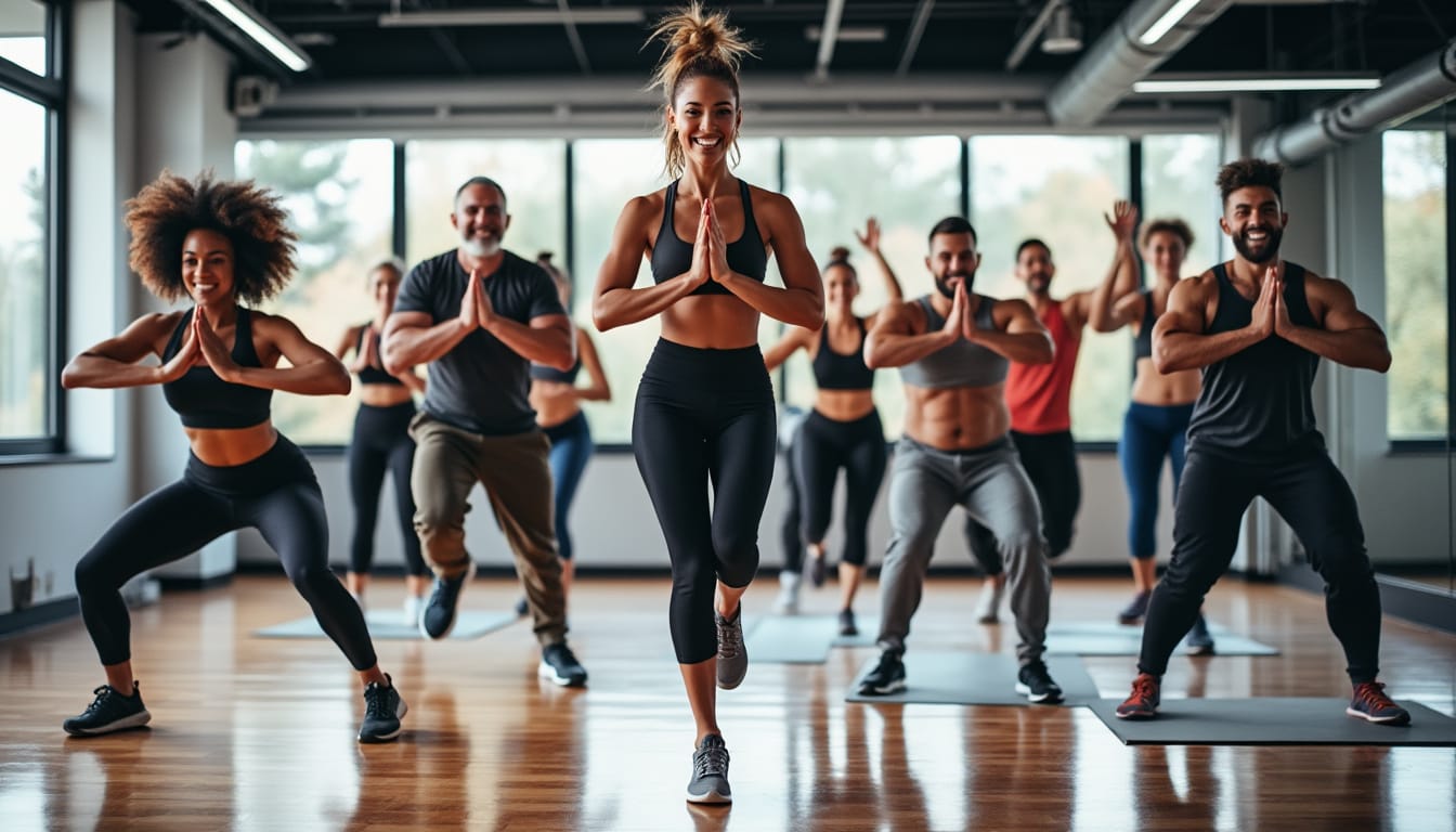 Groupe mixte en equilibre mains jointes lors d'un cours collectif en salle