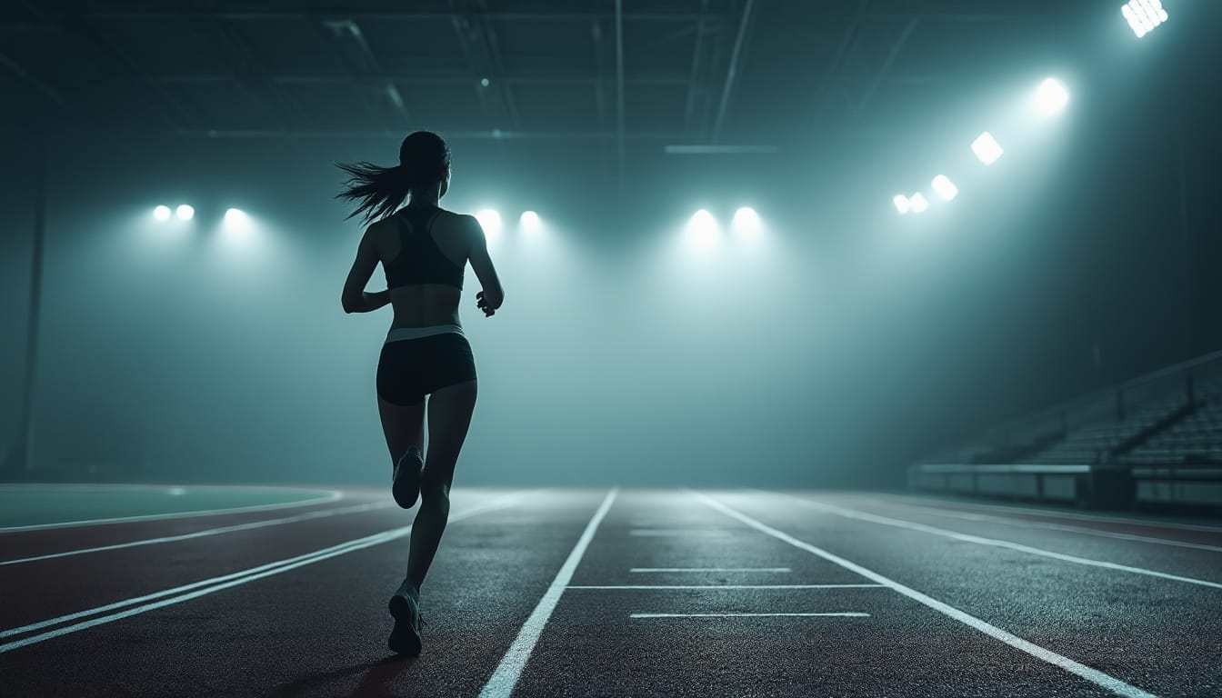 Silhouette d'une femme courant seule sur une piste interieure sous les projecteurs