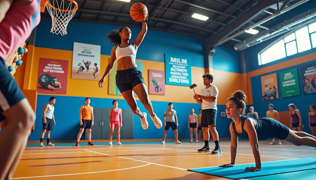 Sportifs en salle pratiquant basket et exercices au sol dans un gymnase colore