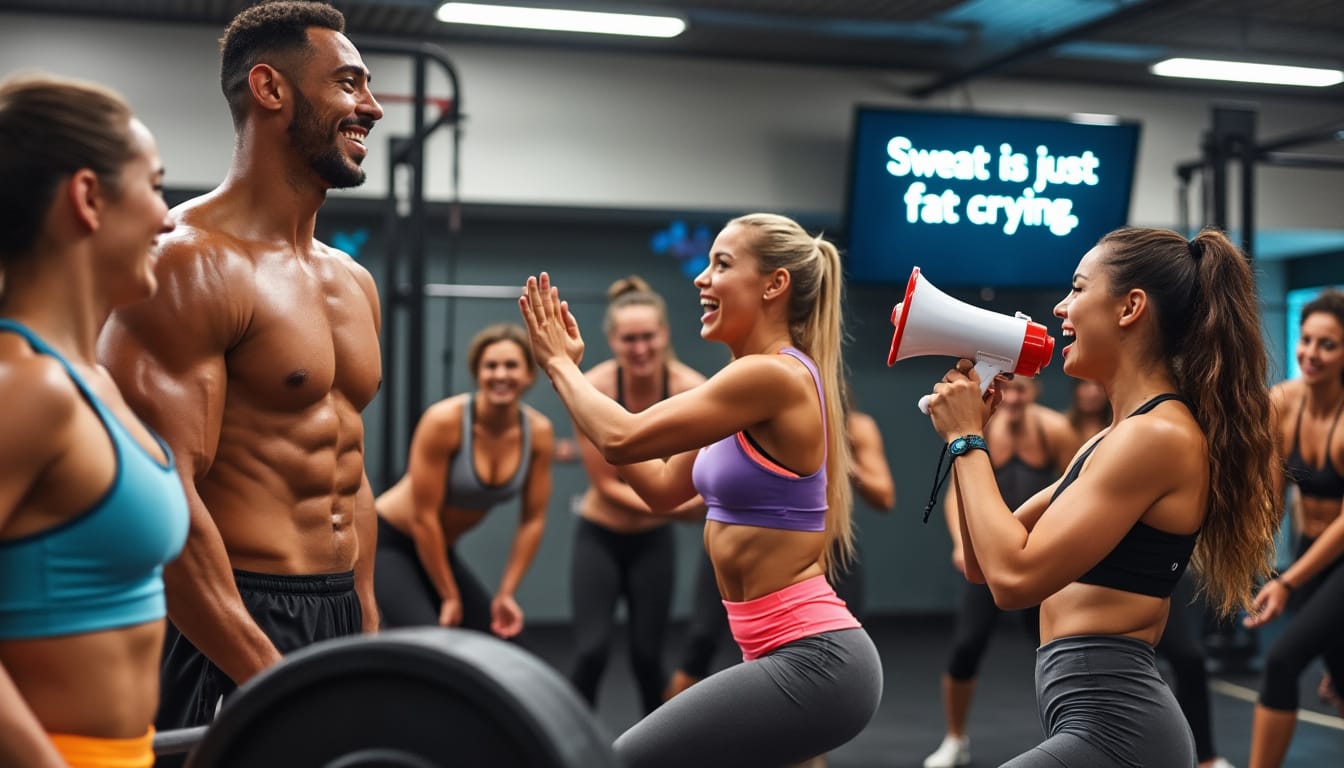 Sportifs souriants se motivant avec un megaphone dans une salle de crossfit