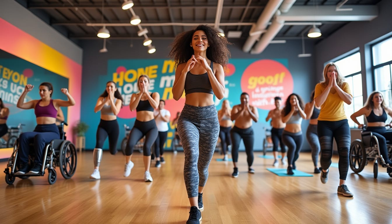 Cours de fitness inclusif avec participantes en fauteuil roulant dans une salle coloree