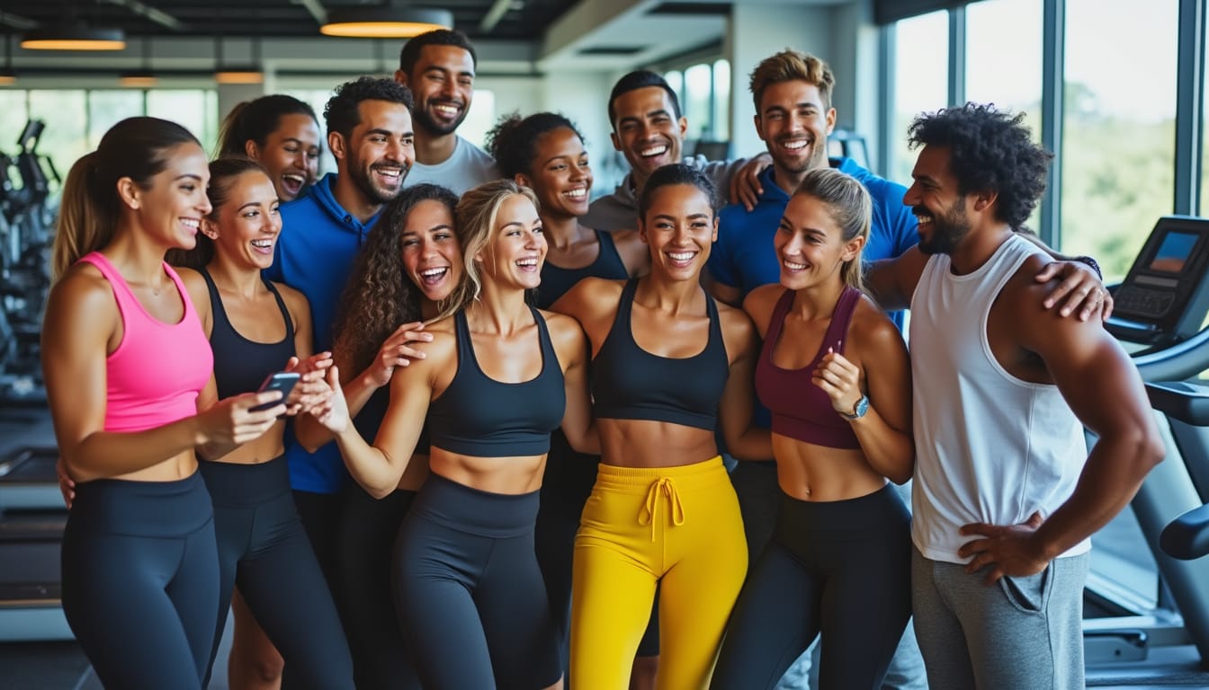 Groupe joyeux de sportifs posant ensemble dans une salle de sport