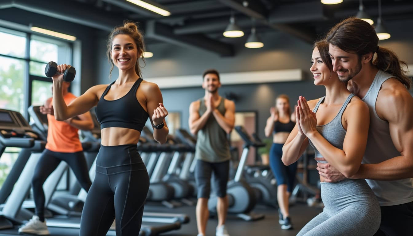Femme souriante avec haltere et groupe s'entrainant dans une salle de musculation