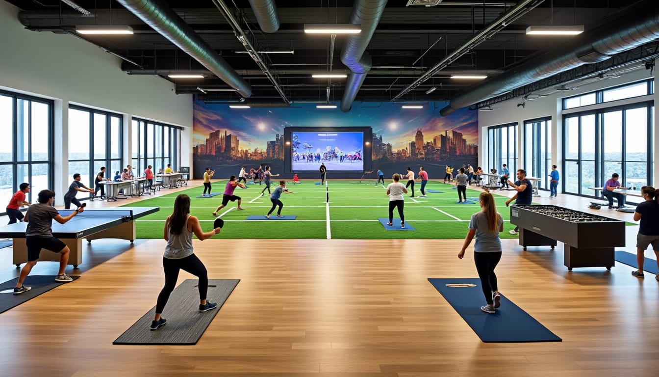 Grande salle multisports avec terrain synthetique, ping-pong et baby-foot
