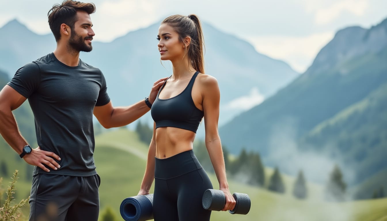 Coach sportif et sa cliente avec tapis de yoga devant un paysage de montagne