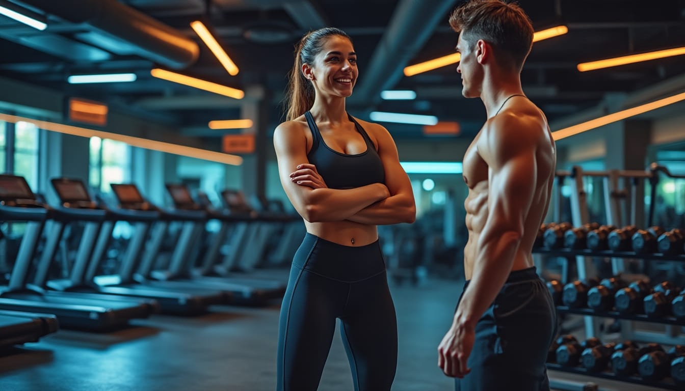 Femme et coach discutant en salle de sport avec tapis de course et halteres