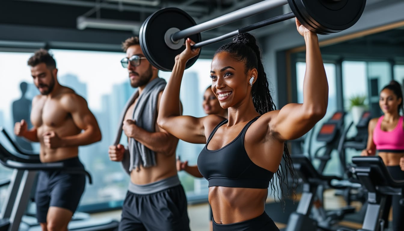 Femme souriante soulevant une barre au-dessus de la tete dans une salle de sport