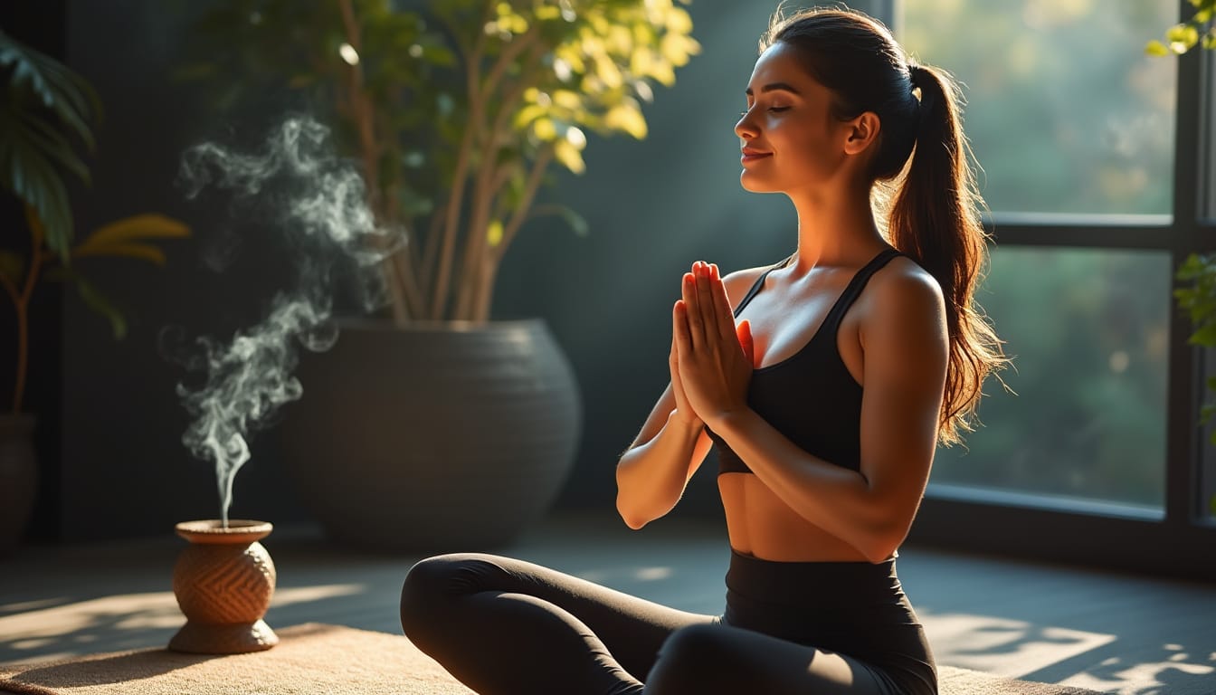 Femme assise en meditation mains jointes avec encens et plantes vertes