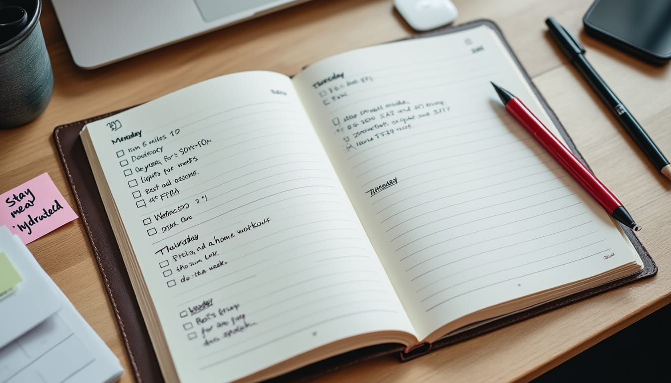 Carnet de planning sportif hebdomadaire ouvert sur un bureau avec stylo et post-its