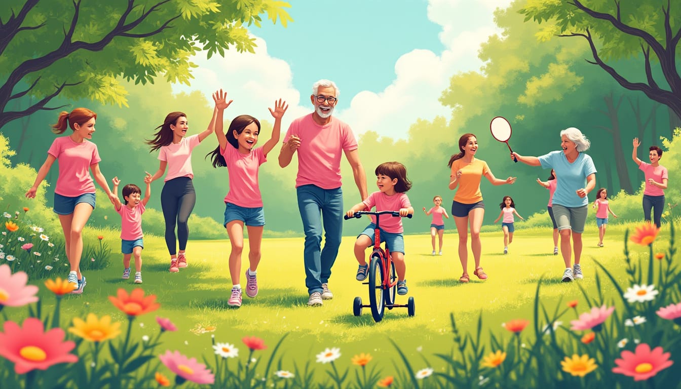 Illustration de famille multigenerationnelle jouant ensemble dans un parc fleuri