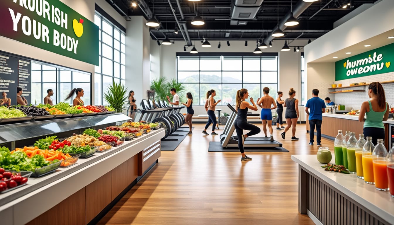 Salle de sport avec bar a jus, buffet de fruits et sportifs sur tapis de course