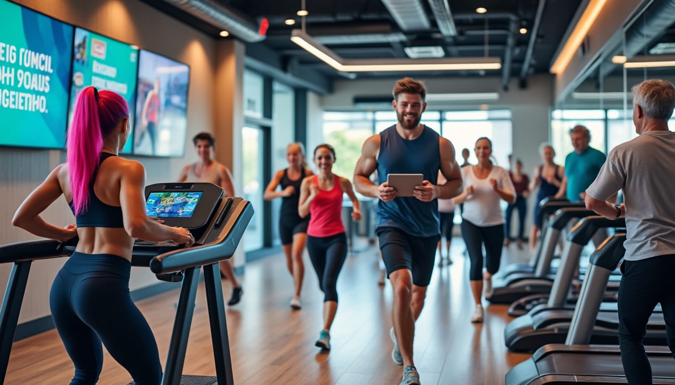 Sportifs courant sur tapis et utilisant tablette dans une salle moderne