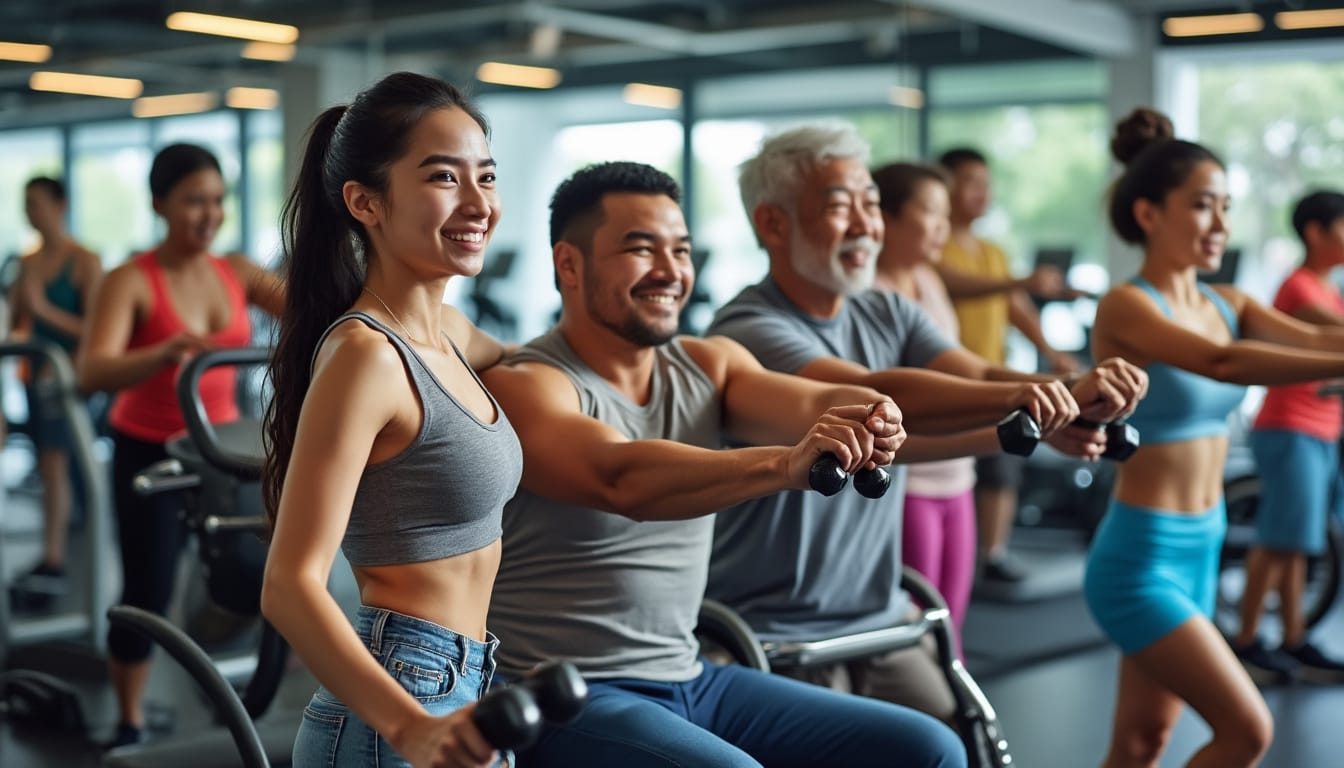 Groupe multigenerationnel souriant sur velos et avec halteres en salle de sport