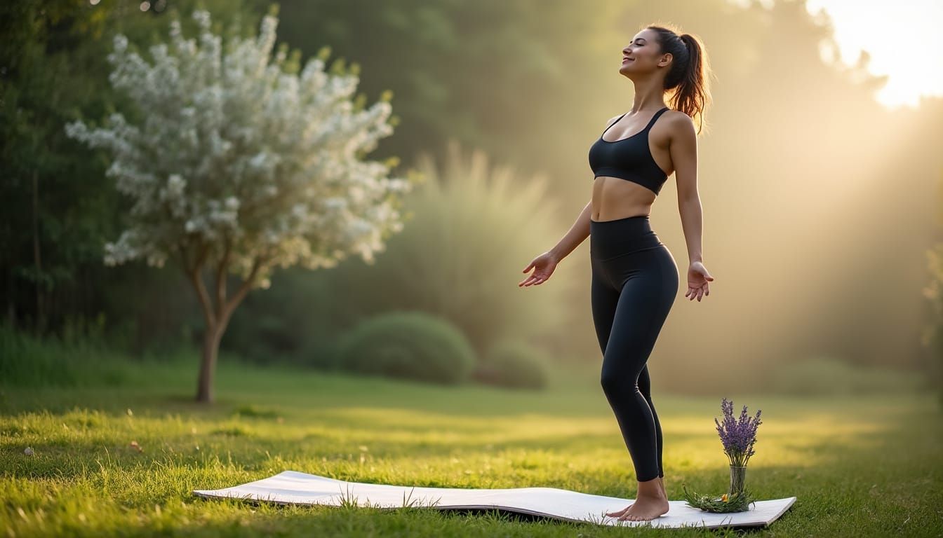 Femme en tenue sportive debout sur tapis de yoga dans un jardin au lever du soleil