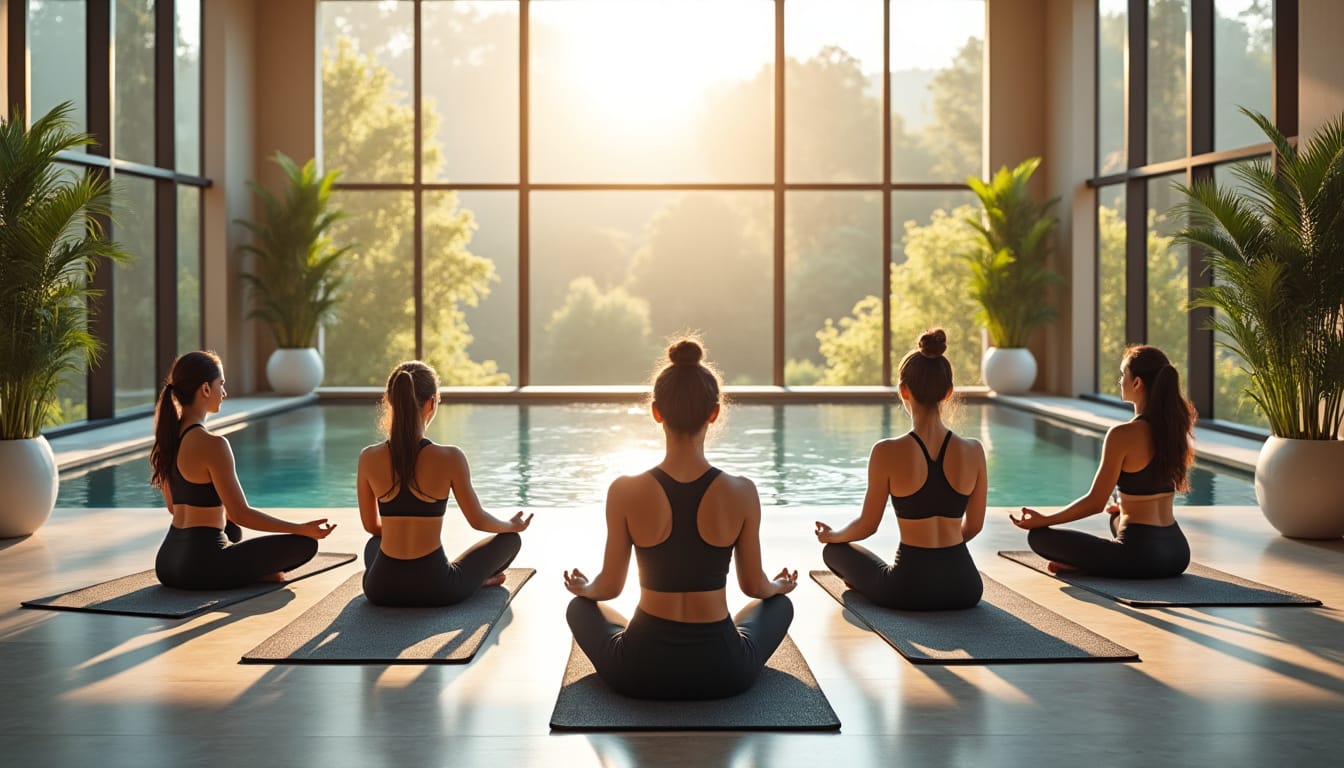 Groupe de femmes meditant en position du lotus face a une baie vitree ensoleillee