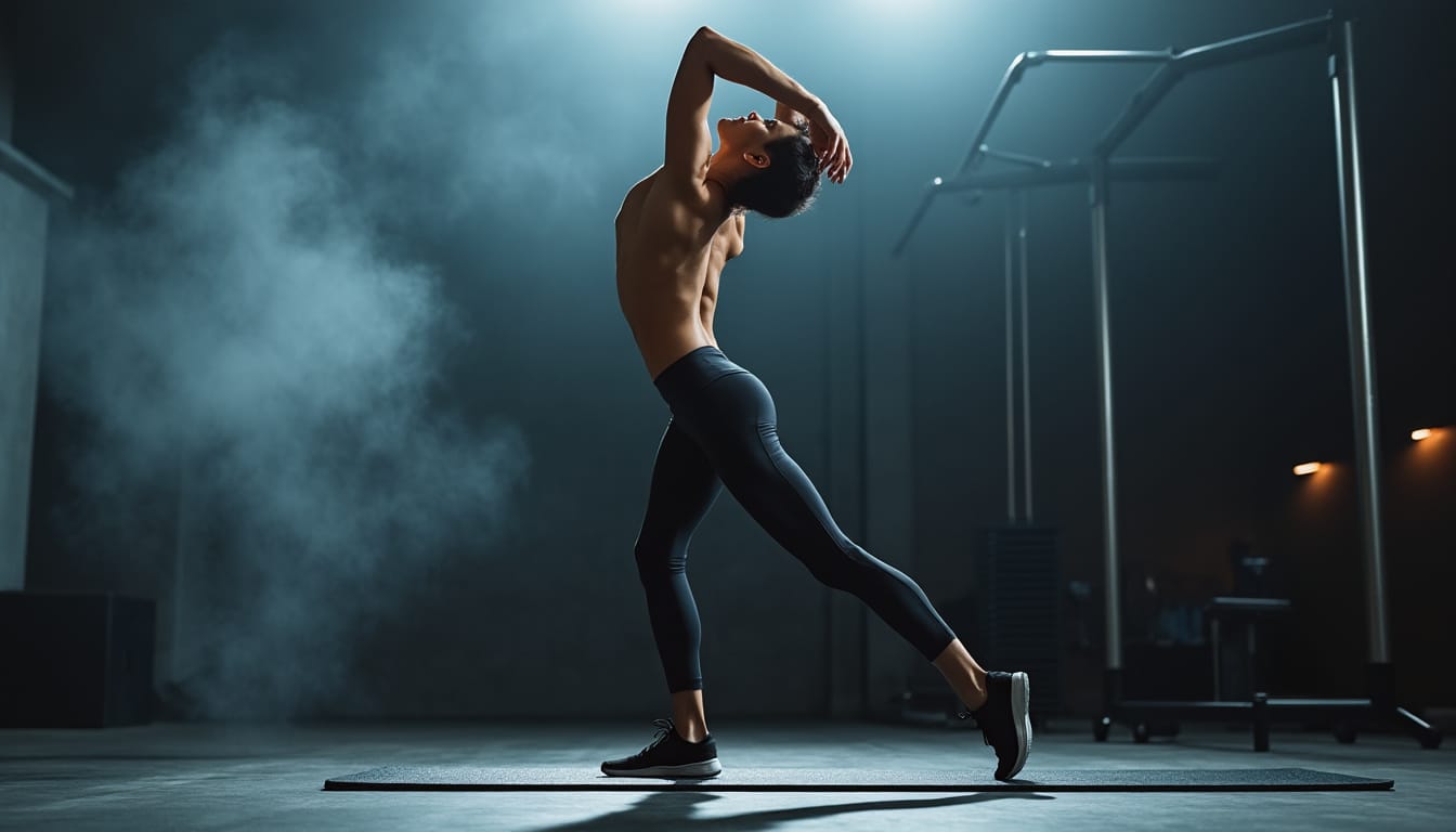 Homme torse nu realisant un etirement lateral dans une salle de sport sombre