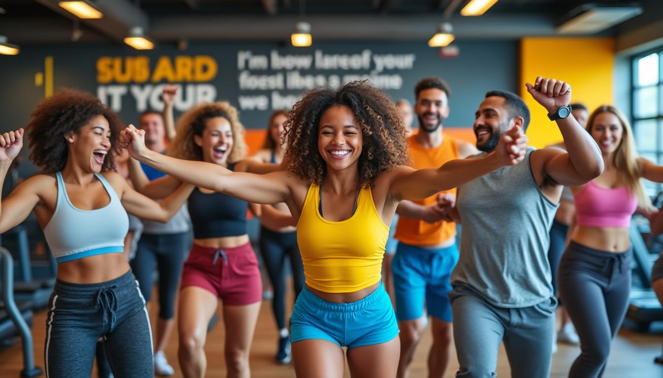 Groupe joyeux dansant et levant les bras dans une salle de fitness