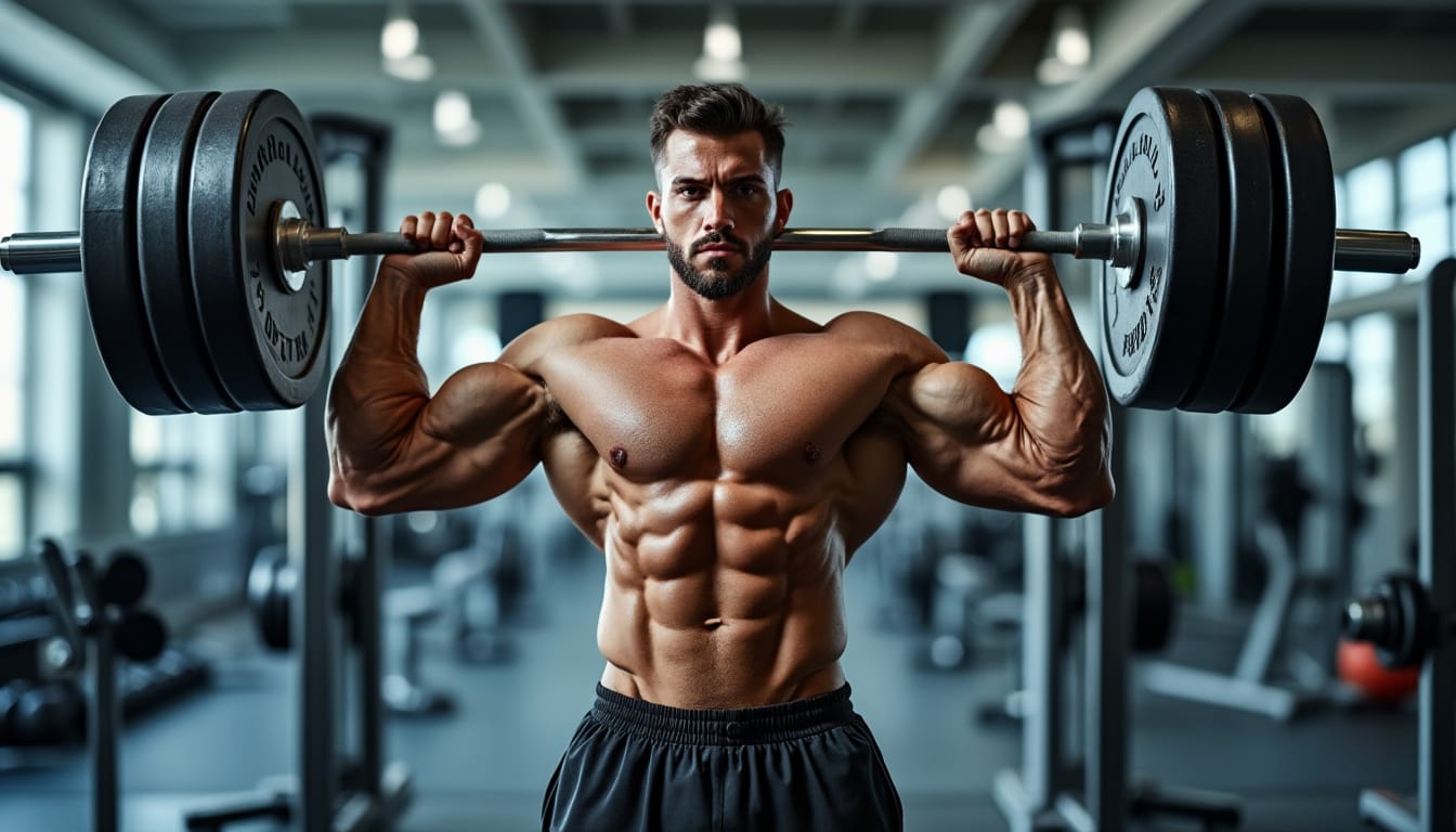 Homme muscle soulevant une barre chargee sur les epaules dans une salle de sport