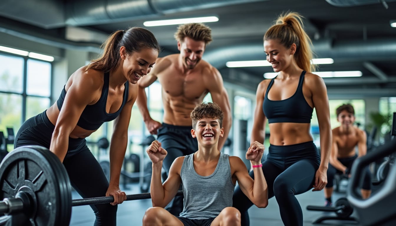 Jeune homme riant encourage par trois partenaires pendant un souleve de barre