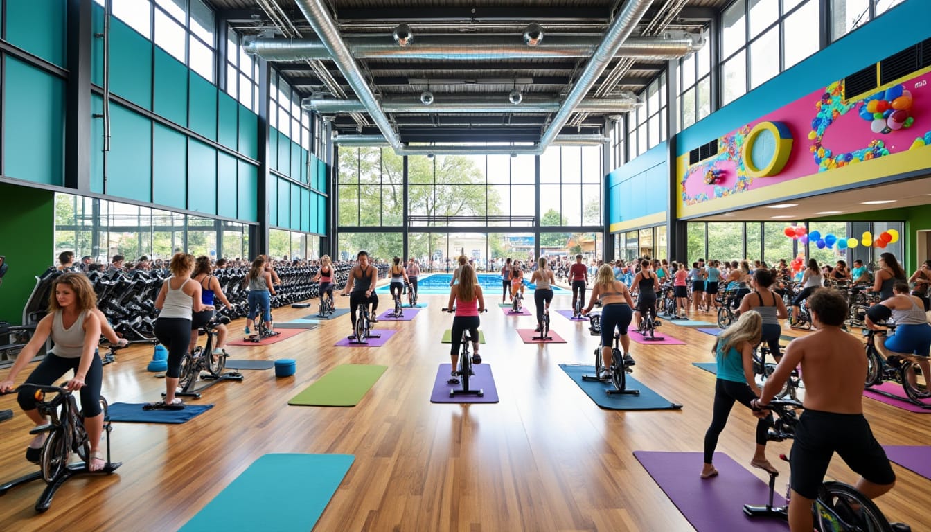 Grande salle de spinning avec cyclistes sur velos stationnaires et tapis colores