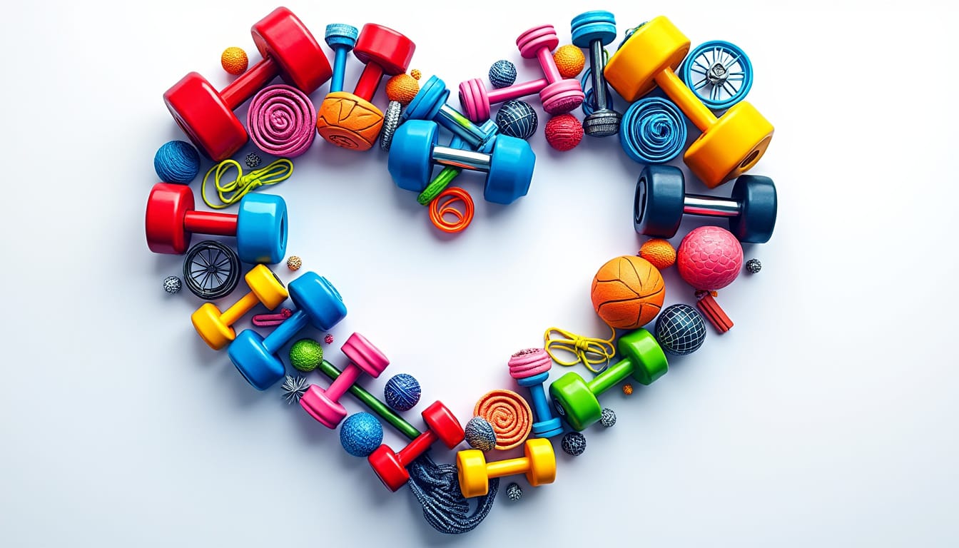 Accessoires de sport colores disposes en forme de coeur sur fond blanc