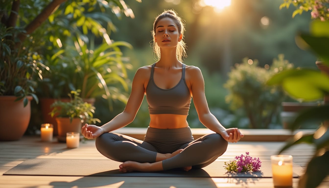 Femme meditant en tailleur sur une terrasse en bois entouree de plantes et bougies