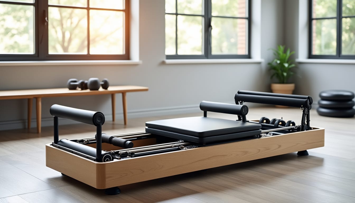 Reformer Pilates en bois dans un studio epure avec halteres en arriere-plan