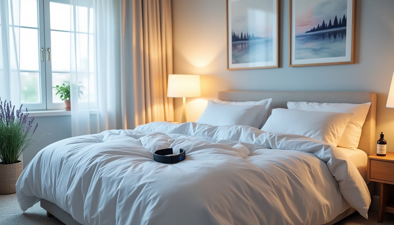 Chambre apaisante avec lit blanc, lampe de chevet et bracelet connecte sur la couette