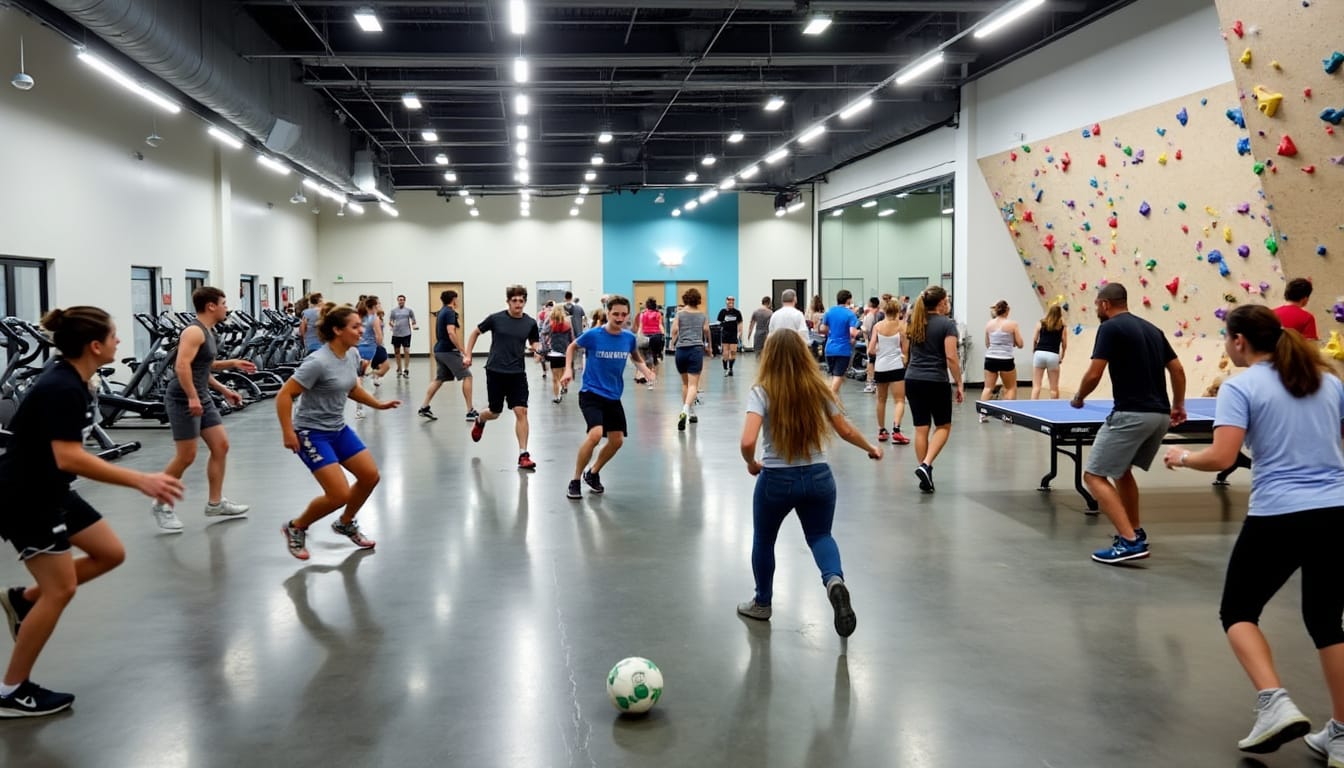Complexe sportif avec foot en salle, mur d'escalade, ping-pong et equipements cardio