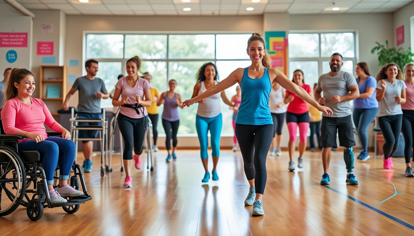 Cours inclusif avec participante en fauteuil roulant dansant dans un gymnase
