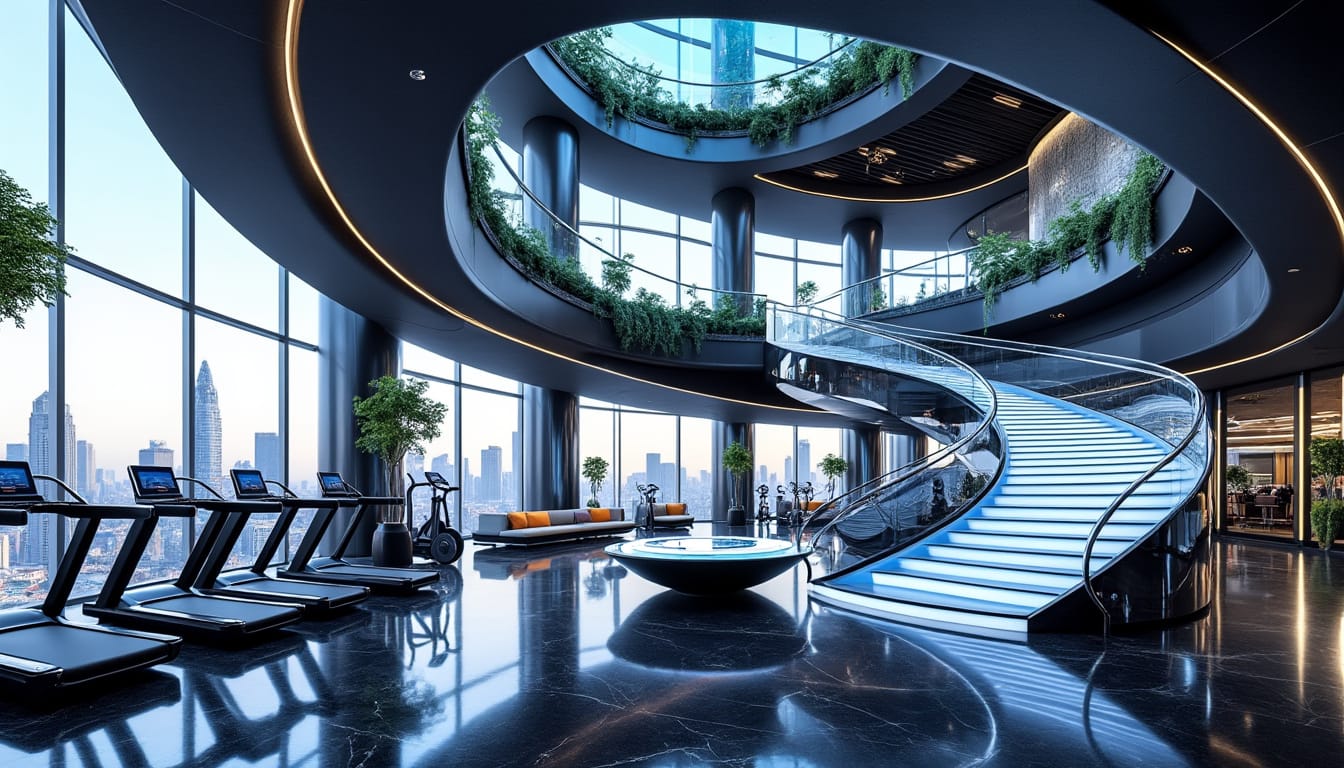 Salle de sport luxueuse avec tapis de course, escalier helicoidal et vue sur la ville