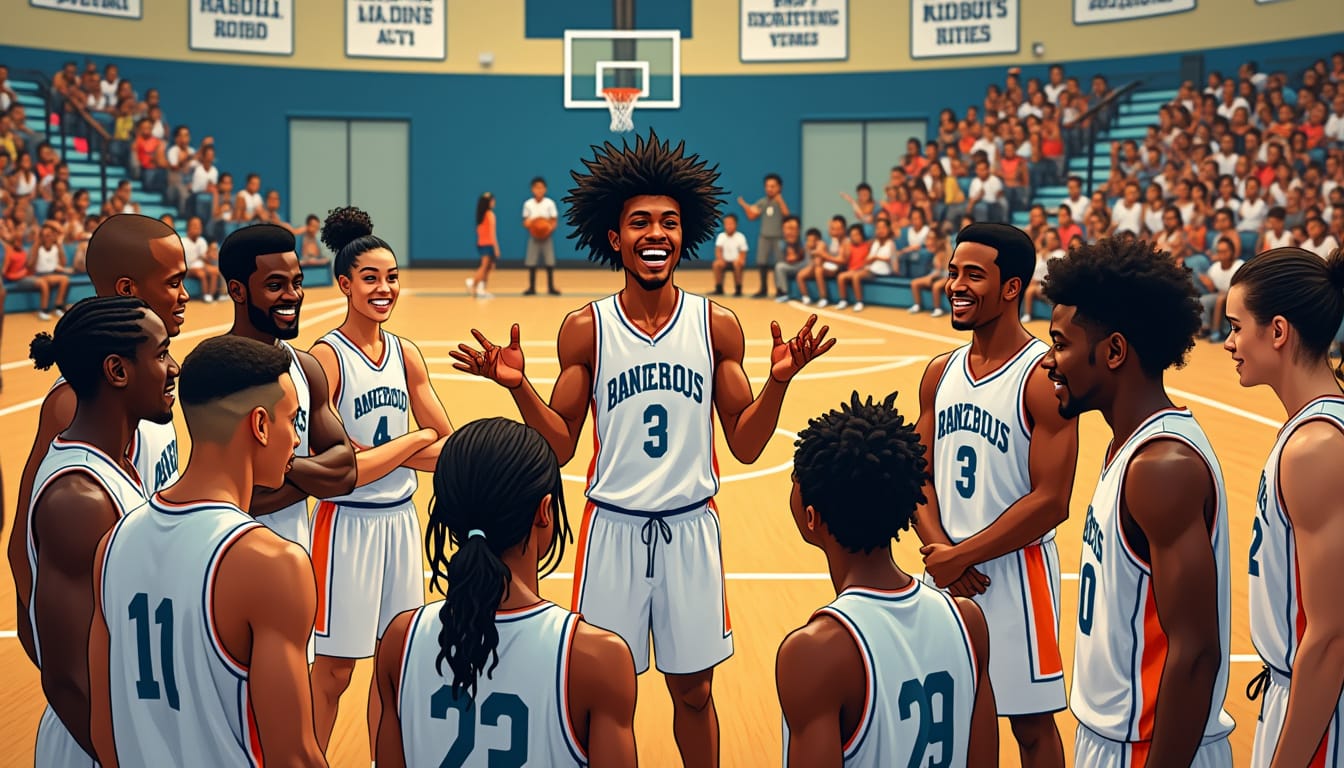 Illustration d'une equipe de basket reunis en cercle sur un terrain couvert