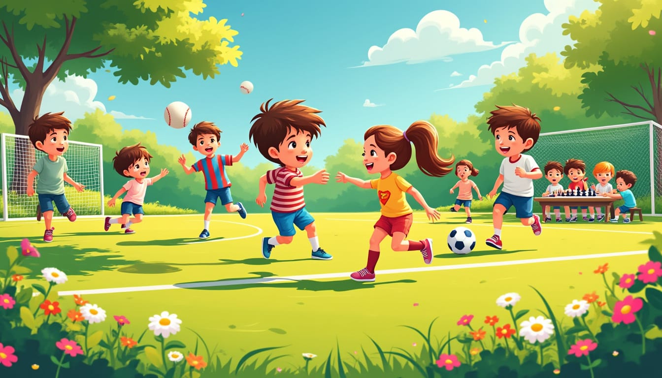 Illustration d'enfants jouant au football et aux echecs sur un terrain en plein air