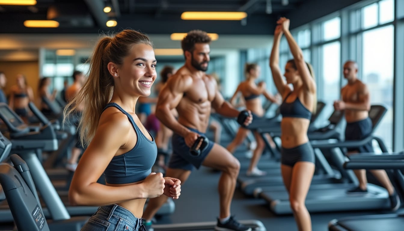 Sportifs s'entrainant sur tapis de course et machines dans une salle moderne