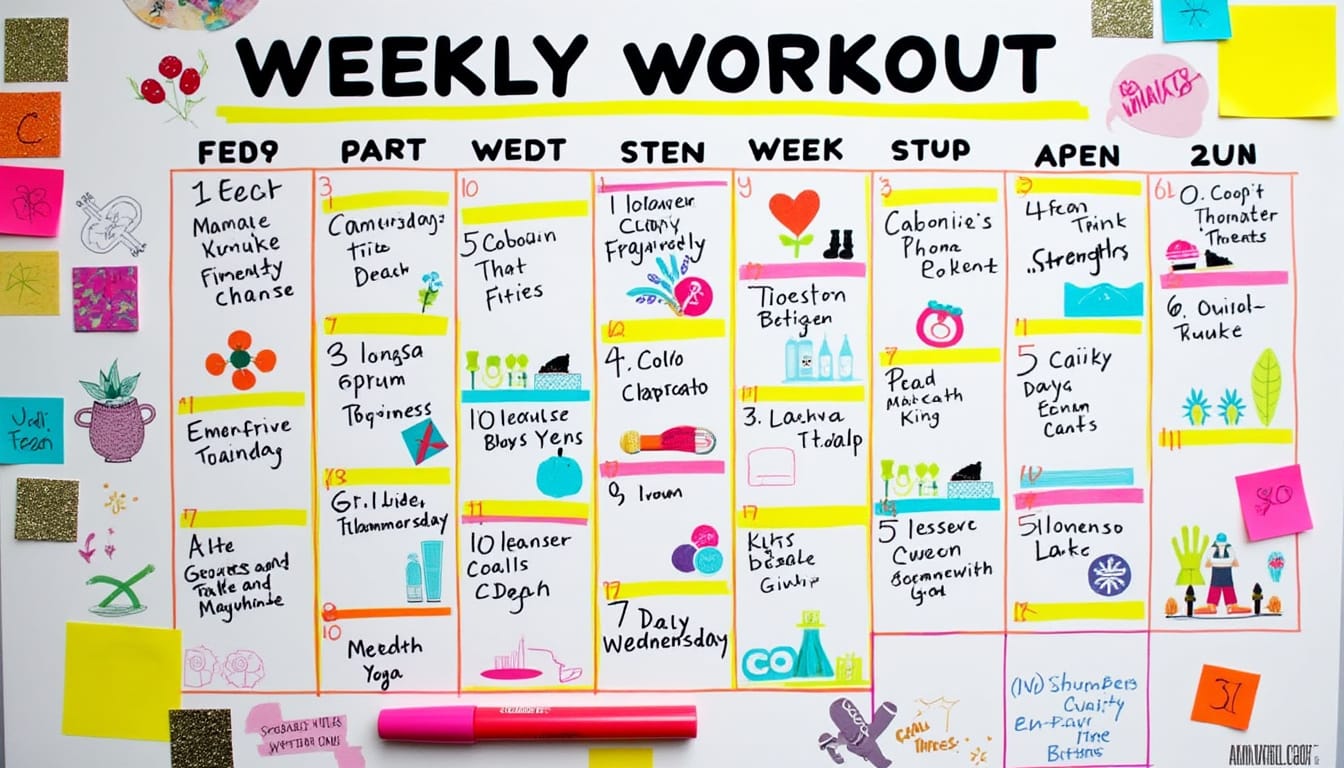 Planning d'entrainement hebdomadaire colore affiche sur un tableau blanc avec post-its