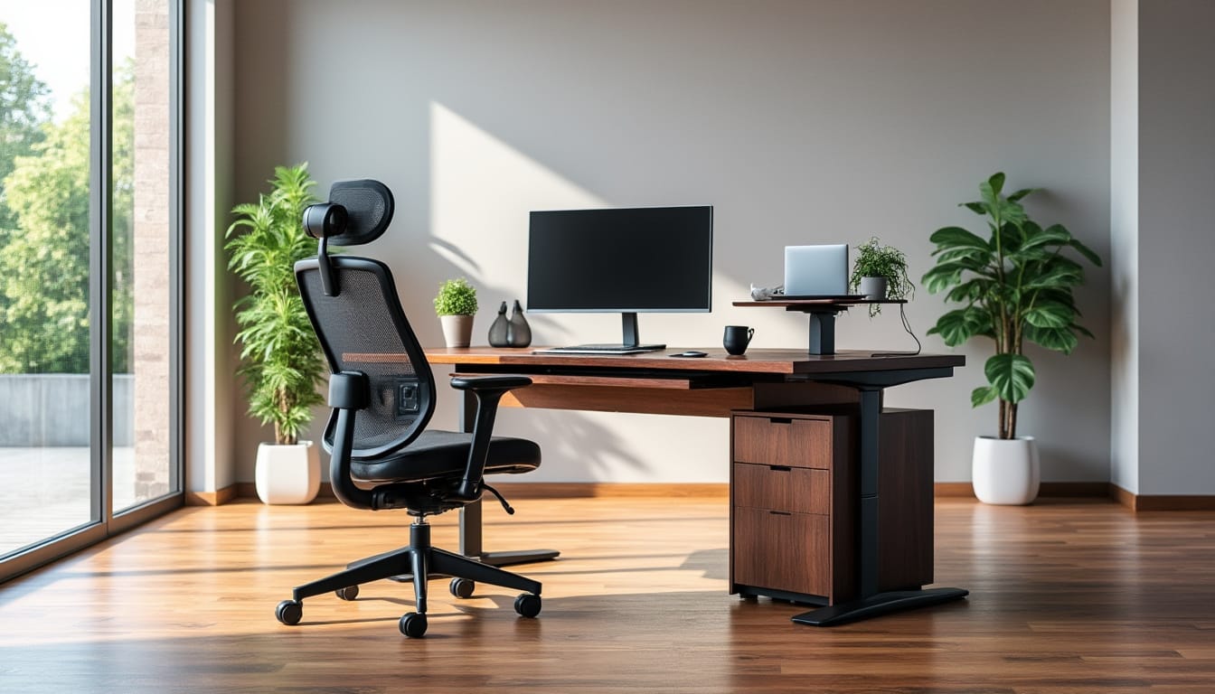Bureau ergonomique avec fauteuil reglable, ecran et plantes dans une piece lumineuse