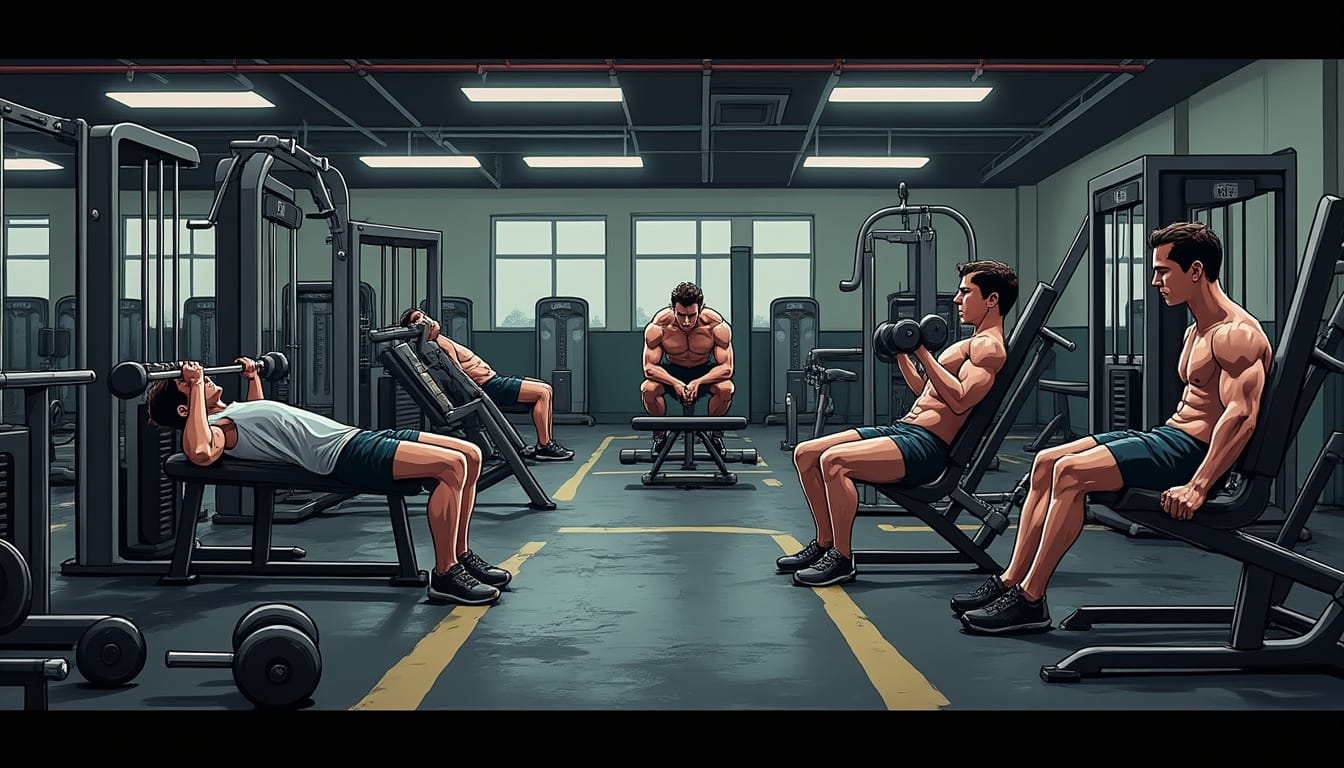 Illustration style comics de sportifs s'entrainant sur differentes machines en salle