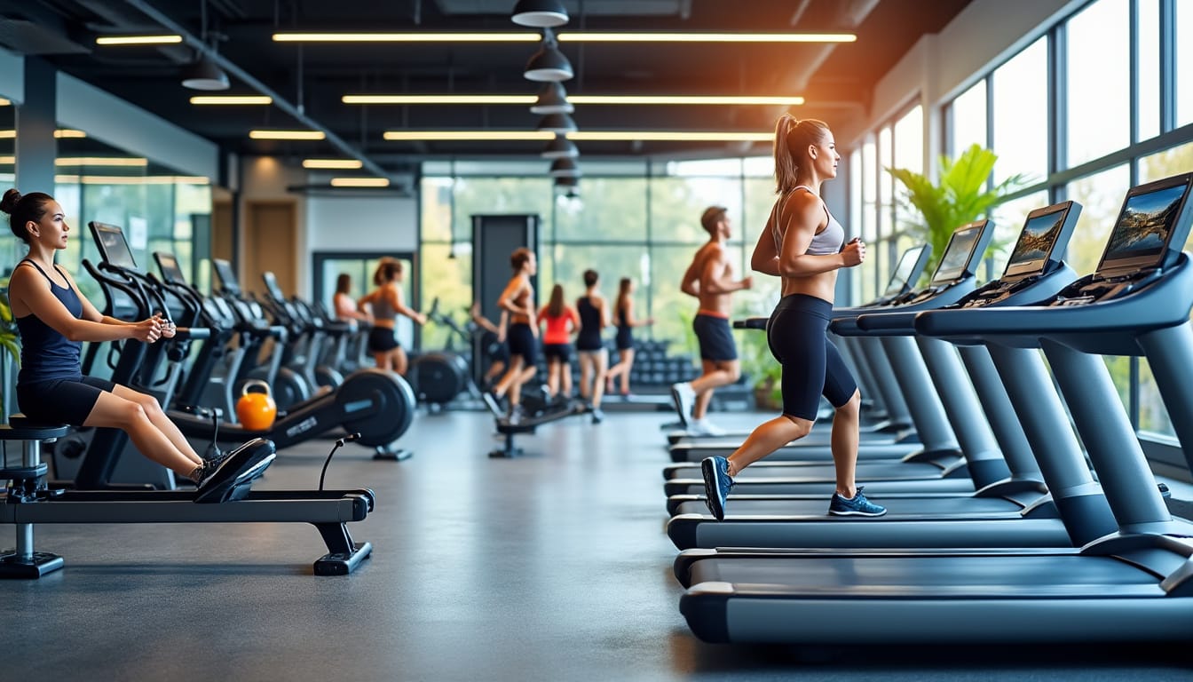Salle de fitness moderne avec tapis de course, velos et sportifs en activite