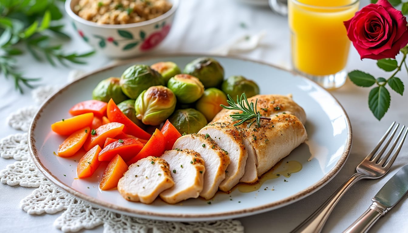 Assiette de poulet grille tranche avec choux de Bruxelles et poivrons sur nappe blanche