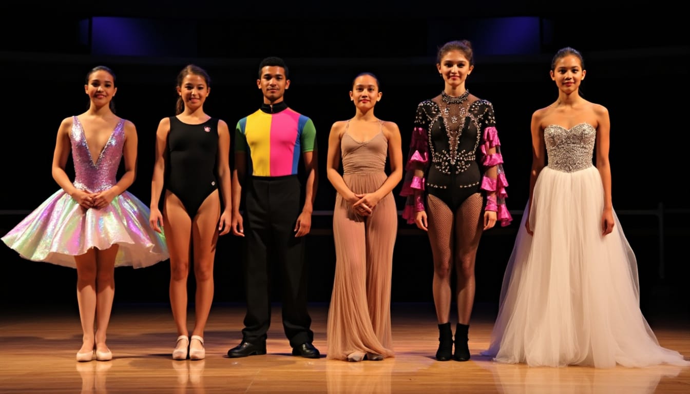 Six danseurs en costumes varies alignes sur une scene de spectacle
