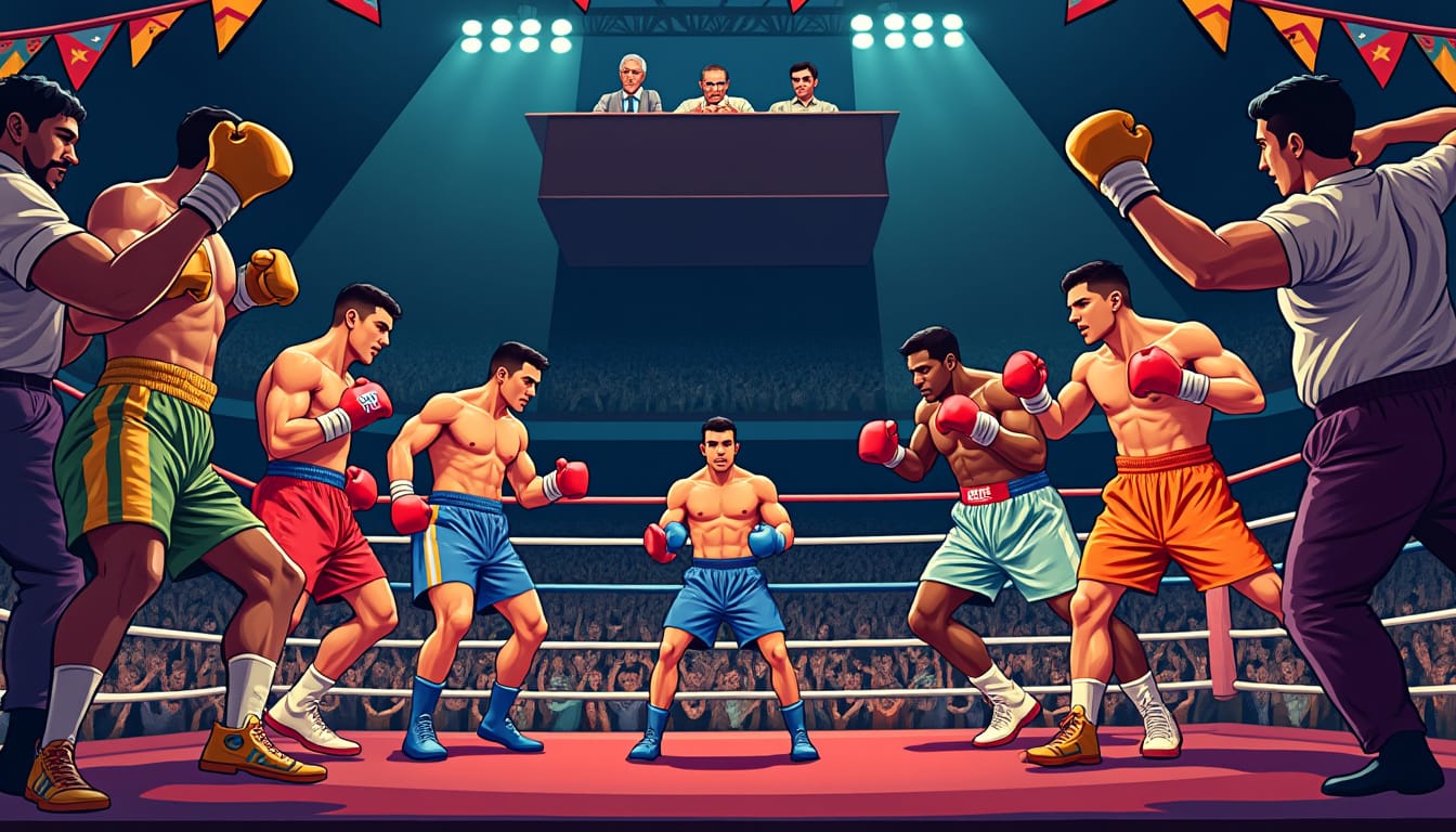 Illustration de boxeurs en combat sur un ring devant des juges et un public