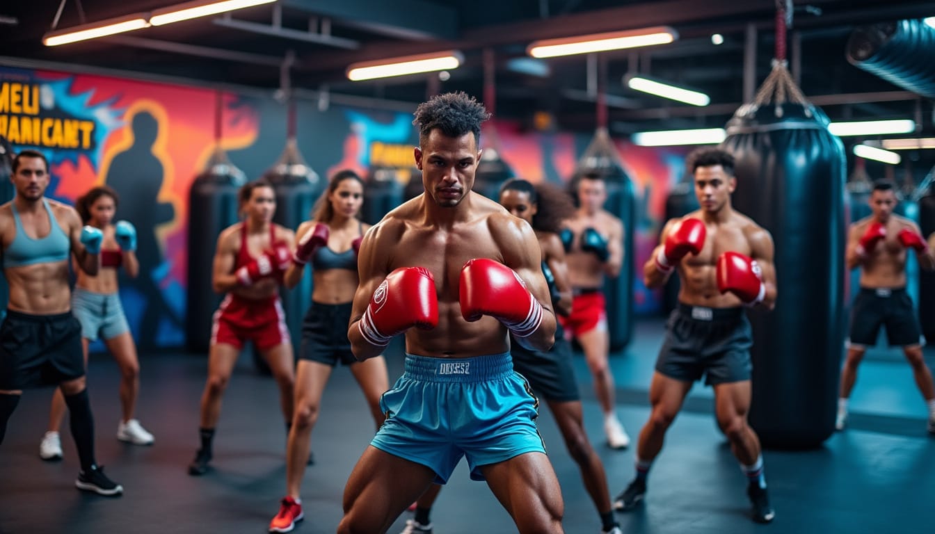 Boxeur en garde avec gants rouges menant un cours collectif dans une salle de boxe
