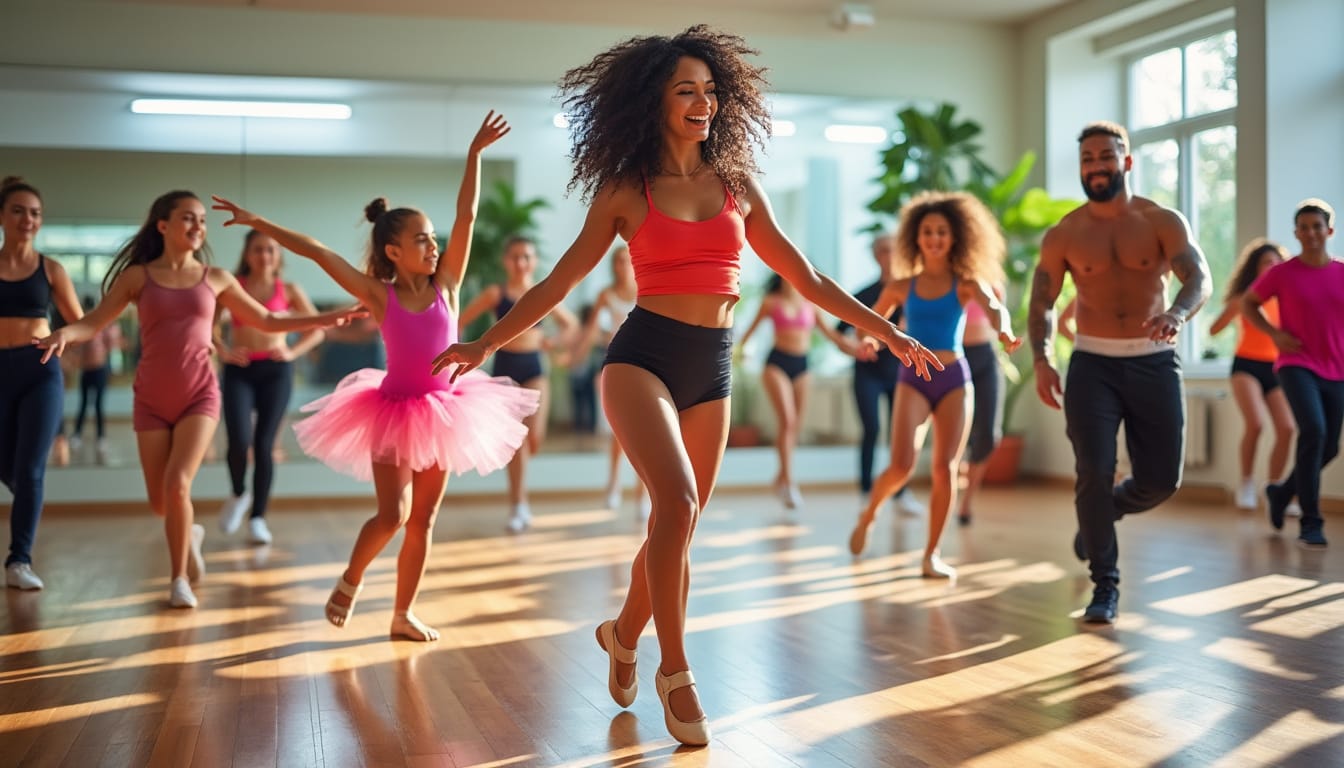 Cours de danse joyeux avec danseuse en tutu rose et groupe dans un studio