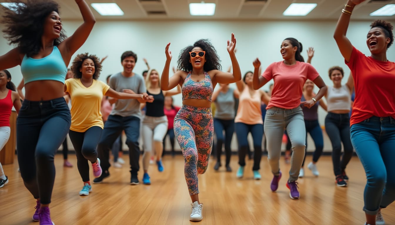 Groupe dansant joyeusement dans une salle avec femme en tenue coloree au centre