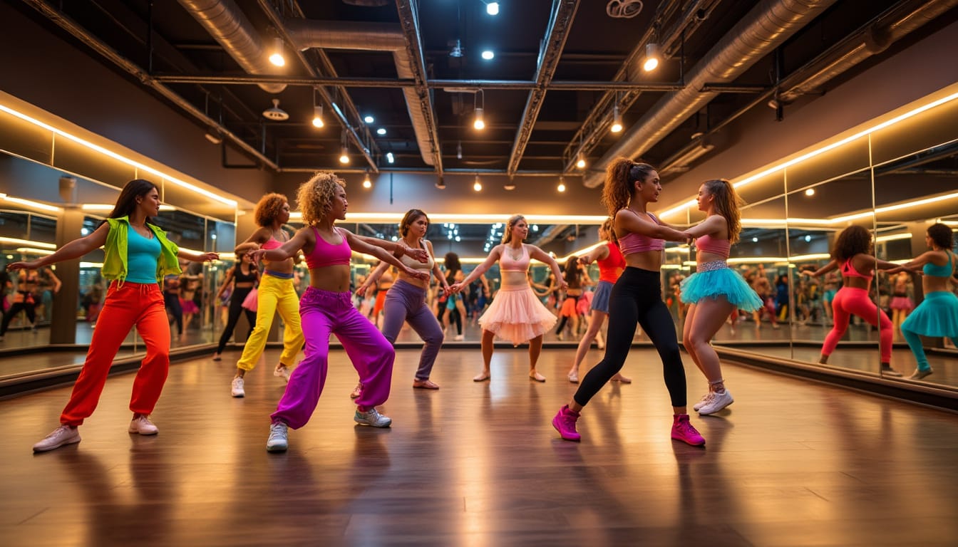 Danseuses en tenues colorees repetant une choregraphie dans un studio avec miroirs