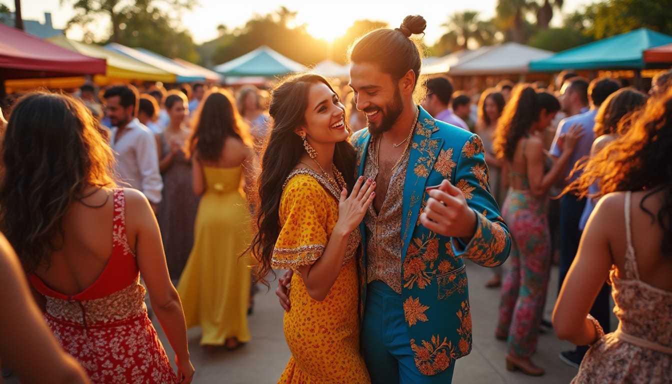 Couple dansant au coucher du soleil dans une fete en plein air avec foule
